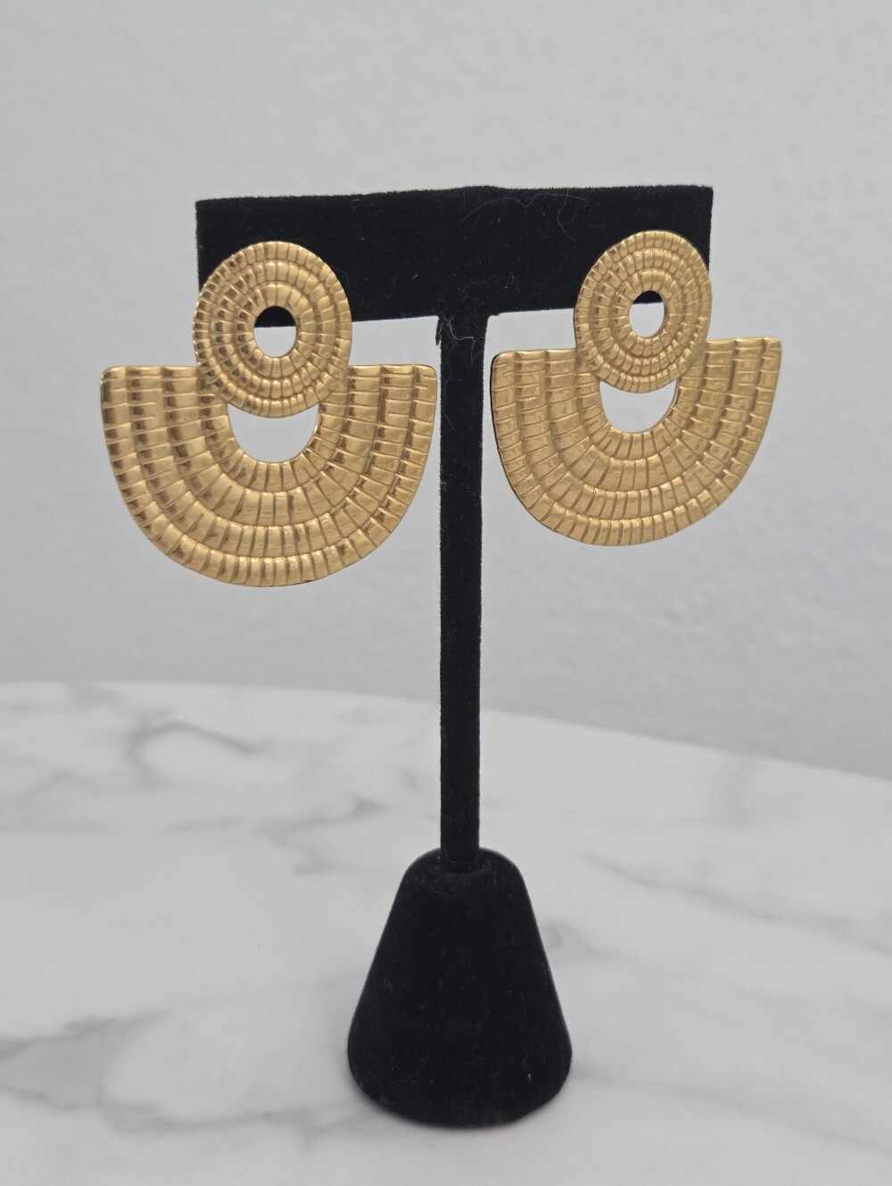 Stainless Steel Gold Textured Geometric Fan Drop Earrings - Picture 7 of 11